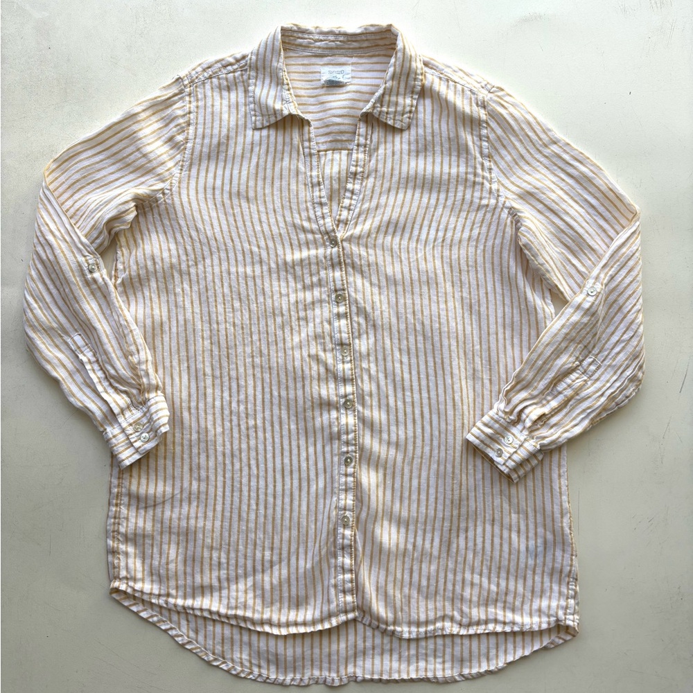 Sigrid Olsen size medium button brown striped linen shirt white and mustard